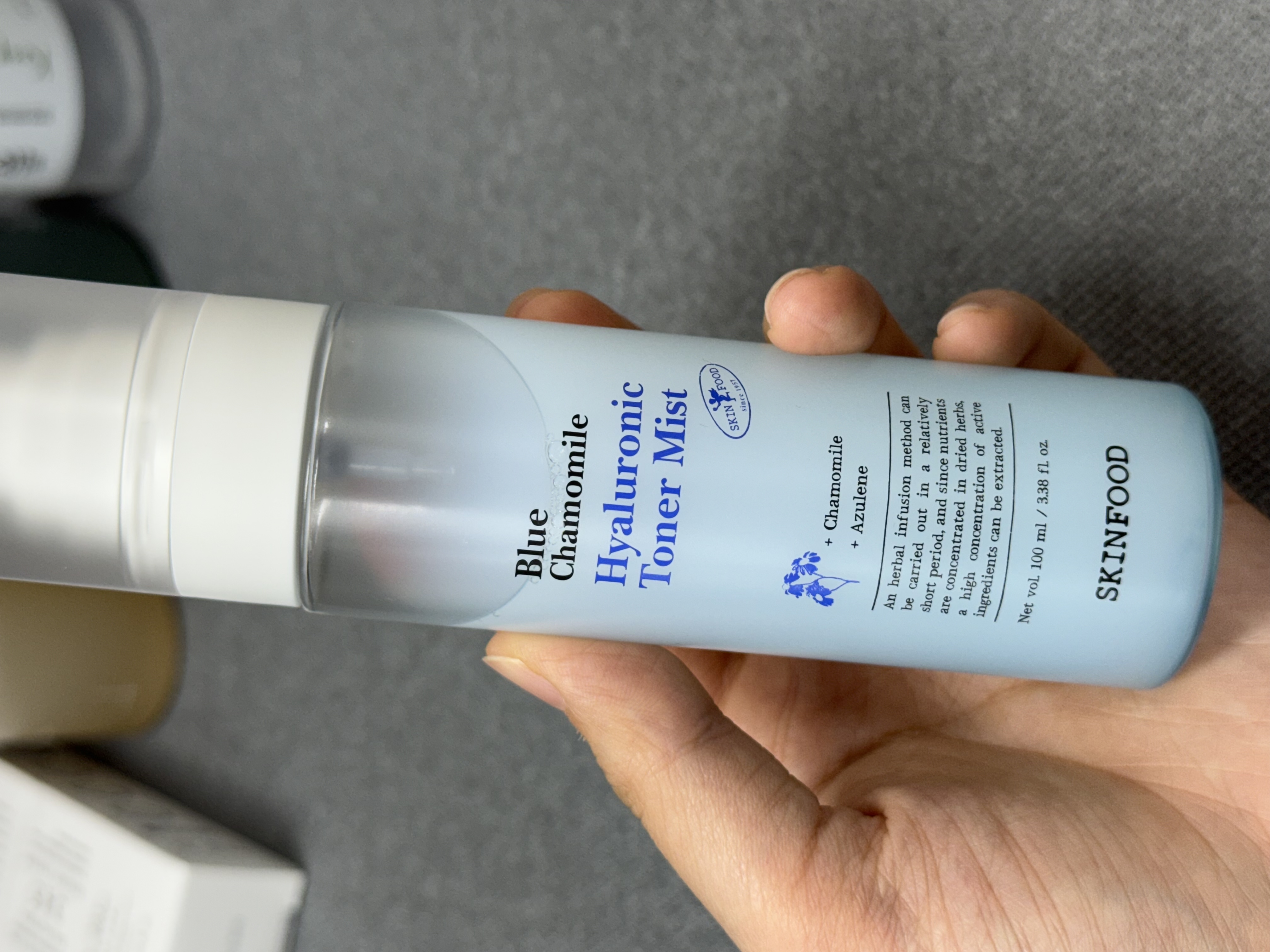 Not quite a toner, but a handy comfort spray: skinfood Blue Chamomile Hyaluronic Toner Mist on dry skin